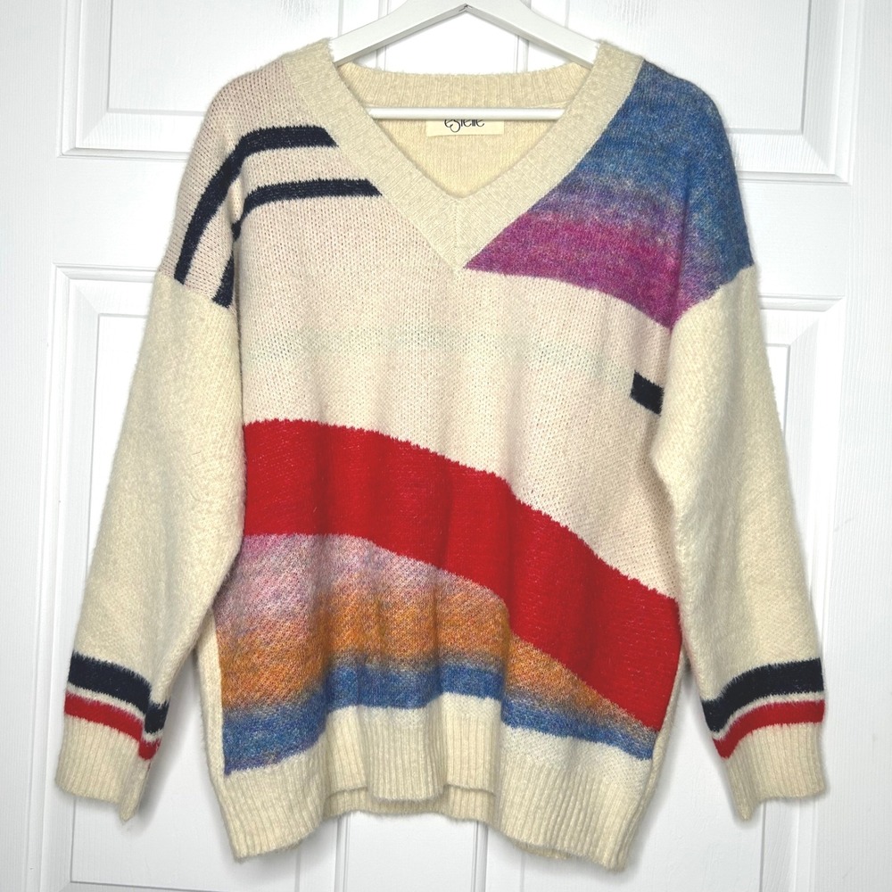 Estelle Color Block Sweater V Neck‎ Pullover Knit Cozy Multicolor S/M